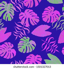 Palm Pattern. Purple Seamless Pattern with Leaves of jungle Trees. Modern Texture for, Curtain, Tablecloth, Dress. Tropical Palm Pattern.