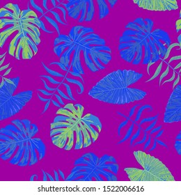 Palm Pattern. Purple Seamless Pattern with Leaves of tropical Trees. Modern Texture for, Tablecloth, Shirt, Paper. Tropical Palm Pattern.