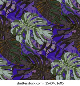 Palm Pattern. Purple Seamless Pattern with Leaves of tropical Trees. Retro Texture for, Underwear, Fabric, Curtain. Tropical Palm Pattern.