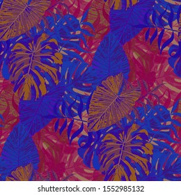 Palm Pattern. Purple Seamless Pattern with Leaves of jungle Trees. Retro Texture for, Dress, Cloth, Underwear. Tropical Palm Pattern.