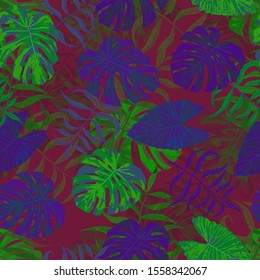 Palm Pattern. Purple Seamless Pattern with Leaves of exotic Trees. Trendy Texture for, Fabric, Tablecloth, Shirt. Tropical Palm Pattern.