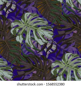 Palm Pattern. Purple Seamless Pattern with Leaves of exotic Trees. Trendy Texture for, Underwear, Paper, Shirt. Tropical Palm Pattern.