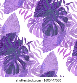 Palm Pattern. Purple Seamless Pattern with Leaves of tropical Trees. Trendy Texture for, Tablecloth, Paper, Dress. Tropical Palm Pattern.