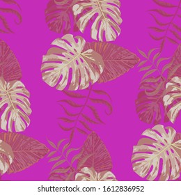 Palm Pattern. Purple Seamless Pattern with Leaves of tropical Trees. Trendy Texture for, Underwear, Tablecloth, Cloth. Tropical Palm Pattern.
