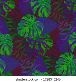 Palm Muster. Purple Nahtloses Muster mit Blättern exotischer Bäume. Retro Texture for, Tablecloth, Hemd, Tapete. Tropisches Palmmuster.