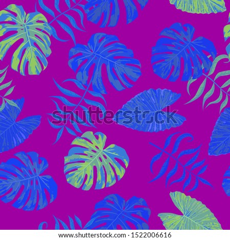 Palm Pattern. Purple Seamless Pattern with Leaves of tropical Trees. Modern Texture for, Tablecloth, Shirt, Paper. Tropical Palm Pattern.