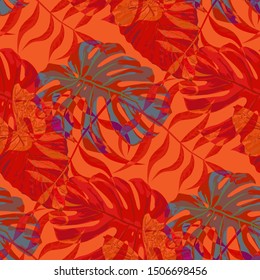 Palm Pattern. Red Seamless Pattern with Leaves of tropical Trees. Retro Texture for, Underwear, Shirt, Paper. Tropical Palm Pattern.