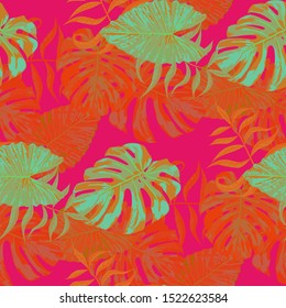 Palm Pattern. Red Seamless Pattern with Leaves of tropical Trees. Vintage Texture for, Paper, Cloth, Swimwear. Tropical Palm Pattern.