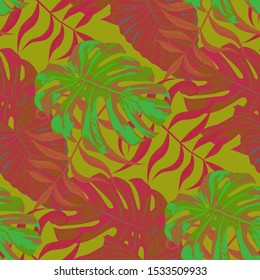 Palm Pattern. Red Seamless Pattern with Leaves of exotic Trees. Vintage Texture for, Shirt, Wallpaper, Cloth. Tropical Palm Pattern.