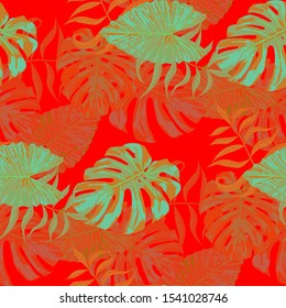 Palm Pattern. Red Seamless Pattern with Leaves of jungle Trees. Retro Texture for, Paper, Tablecloth, Wallpaper. Tropical Palm Pattern.