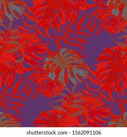 Palm Pattern. Red Seamless Pattern with Leaves of jungle Trees. Vintage Texture for, Shirt, Dress, Swimwear. Tropical Palm Pattern.