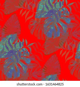 Palm Pattern. Red Seamless Pattern with Leaves of tropical Trees. Modern Texture for, Fabric, Cloth, Wallpaper. Tropical Palm Pattern.