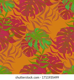 Palm Pattern. Red Seamless Pattern with Leaves of jungle Trees. Trendy Texture for, Tablecloth, Paper, Dress. Tropical Palm Pattern.