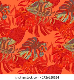 Palm Pattern. Red Seamless Pattern with Leaves of jungle Trees. Vintage Texture for, Cloth, Wallpaper, Paper. Tropical Palm Pattern.
