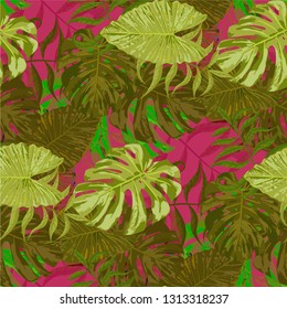 Palm Pattern. Seamless Pattern with Leaves of exotic Trees. Vintage Texture for, Fabric, Dress, Wallpaper. Tropical Palm Pattern.