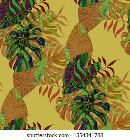 Palm Pattern. Seamless Pattern with Leaves of tropical Trees. Vintage Texture for, Curtain, Dress, Tablecloth. Tropical Palm Pattern.