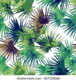Palm pattern seamless tropical background. Rough Vector coconut leaves floral green blue backdrop. Foliage paradise print for wallpaper.