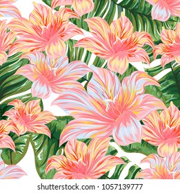 Palm pattern. Tree, jungle leaves and tropical flowers.   Hand drawing.