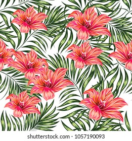 Palm pattern. Tree, jungle leaves and flowers.   Hand drawing.