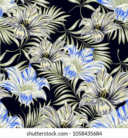 Palm pattern. Tree, jungle leaves and flowers.   Hand drawing.