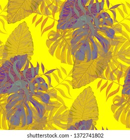 Palm Pattern. Yellow Seamless Pattern with Leaves of exotic Trees. Retro Texture for, Wallpaper, Underwear, Tablecloth. Tropical Palm Pattern.