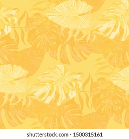 Palm Pattern. Yellow Seamless Pattern with Leaves of tropical Trees. Retro Texture for, Dress, Tablecloth, Paper. Tropical Palm Pattern.