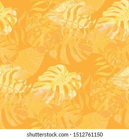 Palm Pattern. Yellow Seamless Pattern with Leaves of exotic Trees. Retro Texture for, Wallpaper, Curtain, Swimwear. Tropical Palm Pattern.