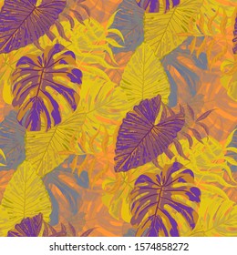 Palm Pattern. Yellow Seamless Pattern with Leaves of tropical Trees. Trendy Texture for, Dress, Wallpaper, Paper. Tropical Palm Pattern.