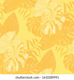 Palm Pattern. Yellow Seamless Pattern with Leaves of exotic Trees.  