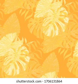 Palm Pattern. Yellow Seamless Pattern with Leaves of jungle Trees. Vintage Texture for, Underwear, Paper, Wallpaper. Tropical Palm Pattern.