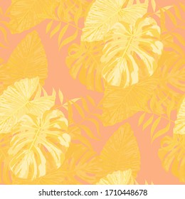 Palmmuster. Gelbes Nahtloses Muster mit Blättern von tropischen Bäumen. Vintage Textur für, Shirt, Papier, Kleid. Tropisches Palmmuster.