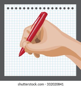 Palm with a pen and paper. Vector illustration.
