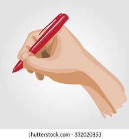 Palm with a pen. Vector illustration.