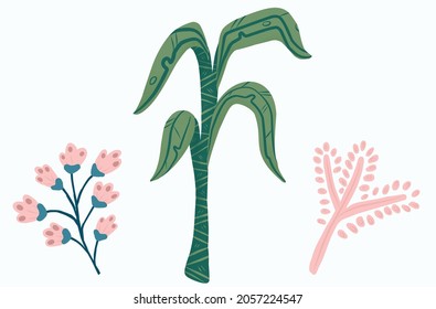 Palm, pink leave and pink and blue flowers. Vector illustration on lite blue backgraund. Simle flat illustration with texture. Pastel colors.