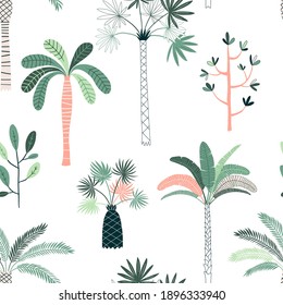 Palm plantation illustration vector seamless pattern. Cute decorative jungle rainforest tree and plant doodle drawing background 