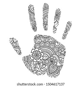 Palm print made of flowers in mehndi style. Hand with Oriental pattern. Coloring book page. Outline hand-draw vector illustration.