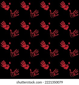 Palm print on dark background, open human palm, symbol of friendship and cooperation, seamless pattern vector illustration