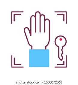 Palm print scan provides security access color line icon. Unlock system concept. Concept of: authorization, dna system, scientific technology, scanning. Biometric identification element. 