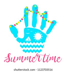 Palm print with silhouette of boat and sun, with bright garlands of flags. Summer poster for the resort and recreation camp. Flat vector cartoon illustration. Objects isolated on a white background.