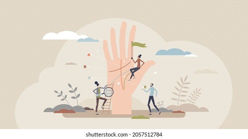 Palm reading as future telling from open hand lines tiny person concept. Life forecasting and prediction using mystic esoteric method vector illustration. Spiritual fate, destiny and path guide wisdom