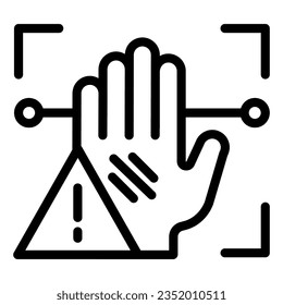 Palm recognition attention line icon. Palmprint scan alarm vector illustration isolated on white. Hand verification alert outline style designed for and app. Eps 10.