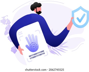 Reconocimiento de la palma concepto de ilustración plana Identidad Verificación biométrica, azul oscuro, azul claro, color rojo, estilo mínimo, perfecto para páginas de aterrizaje, plantillas, interfaz de usuario, web, aplicación móvil, afiches, banners