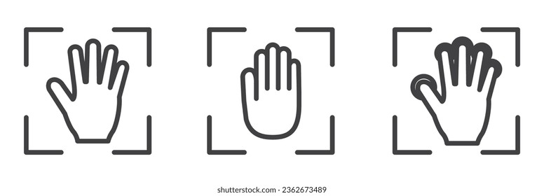 Palm recognition icon, palm vein scanning and verification. Secure identity verification systems icon vector set in thin line style, Vector set of biometric line icons.