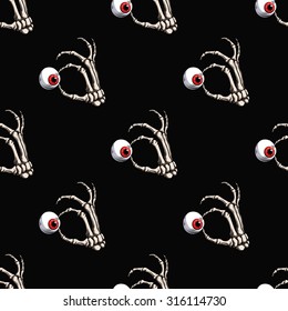 Palm with red eyes.Black background.Seamless pattern background.