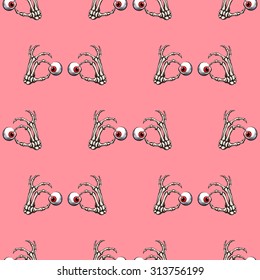 Palm with red eyes.Pink background.Seamless pattern background.