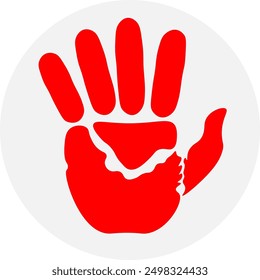 La palma es roja. Una huella de mano roja con cinco dedos. Los conceptos de libertad y esclavitud.