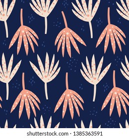 Palm red leaves hand drawn seamless pattern. Abstract botanical drawing on blue background. Naive backdrop. Exotic, tropical split and spotty leaves. Botanical wrapping paper, textile flat design