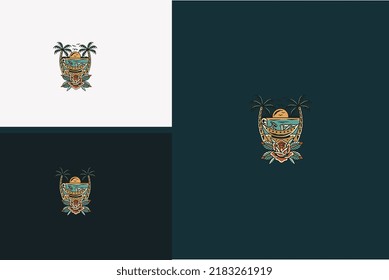 palm and red rose with skull drink vector illustration design