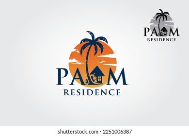 Palm Residence Vector Logo Template. The main symbol of the logo is a palm tree, but here it incorporates with the house this logo symbolizes a neighborhood, protection, peace and growth.