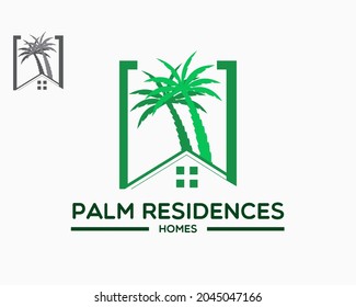 palm residences logo design template. house and palm tree illustration vector
